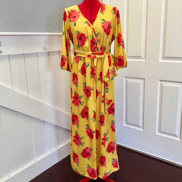 Yellow Spring Maxi Dress Floral 3/4 Sleeves 1X - Picture 1 of 7
